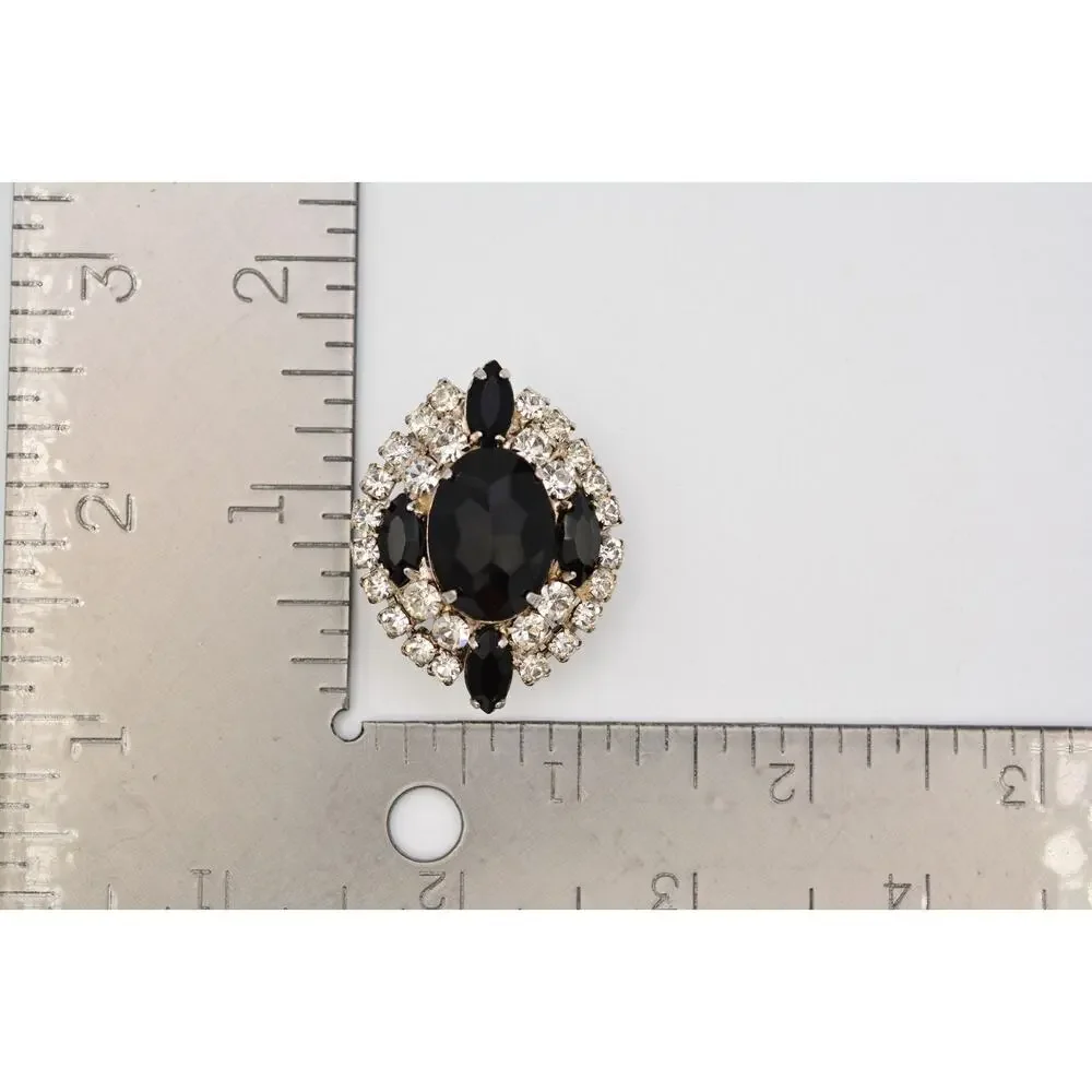 Vintage Black Clear Rhinestone Crystal Cluster Statement Clip On Earrings BinAF